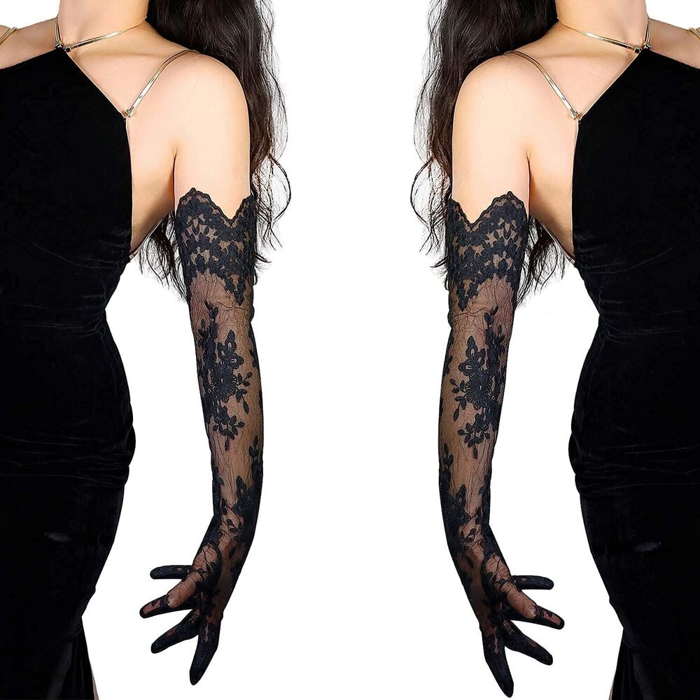 DooWay Women Black Long Lace Opera Gloves Floral Wedding Masquerade Dance